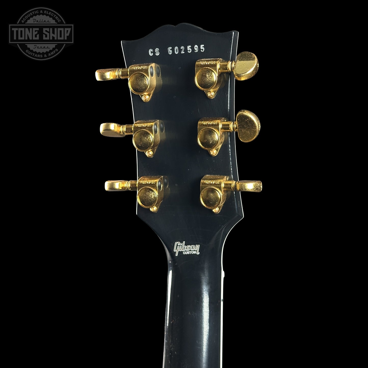 Back of Gibson Custom Dealer Select Les Paul Custom Ebony Ultra Light Aged CS502595 headstock.