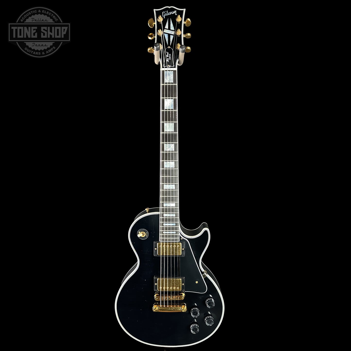 Full frontal of Gibson Custom Dealer Select Les Paul Custom Ebony Ultra Light Aged CS502595.