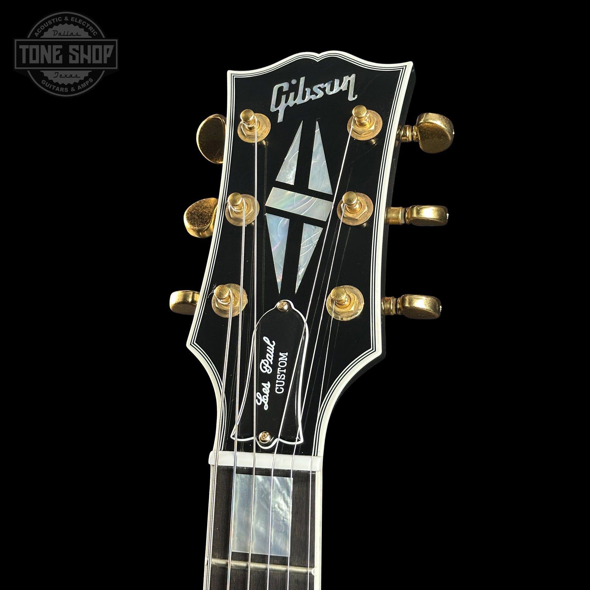 Headstock of Gibson Custom Dealer Select Les Paul Custom Ebony Ultra Light Aged CS502595.