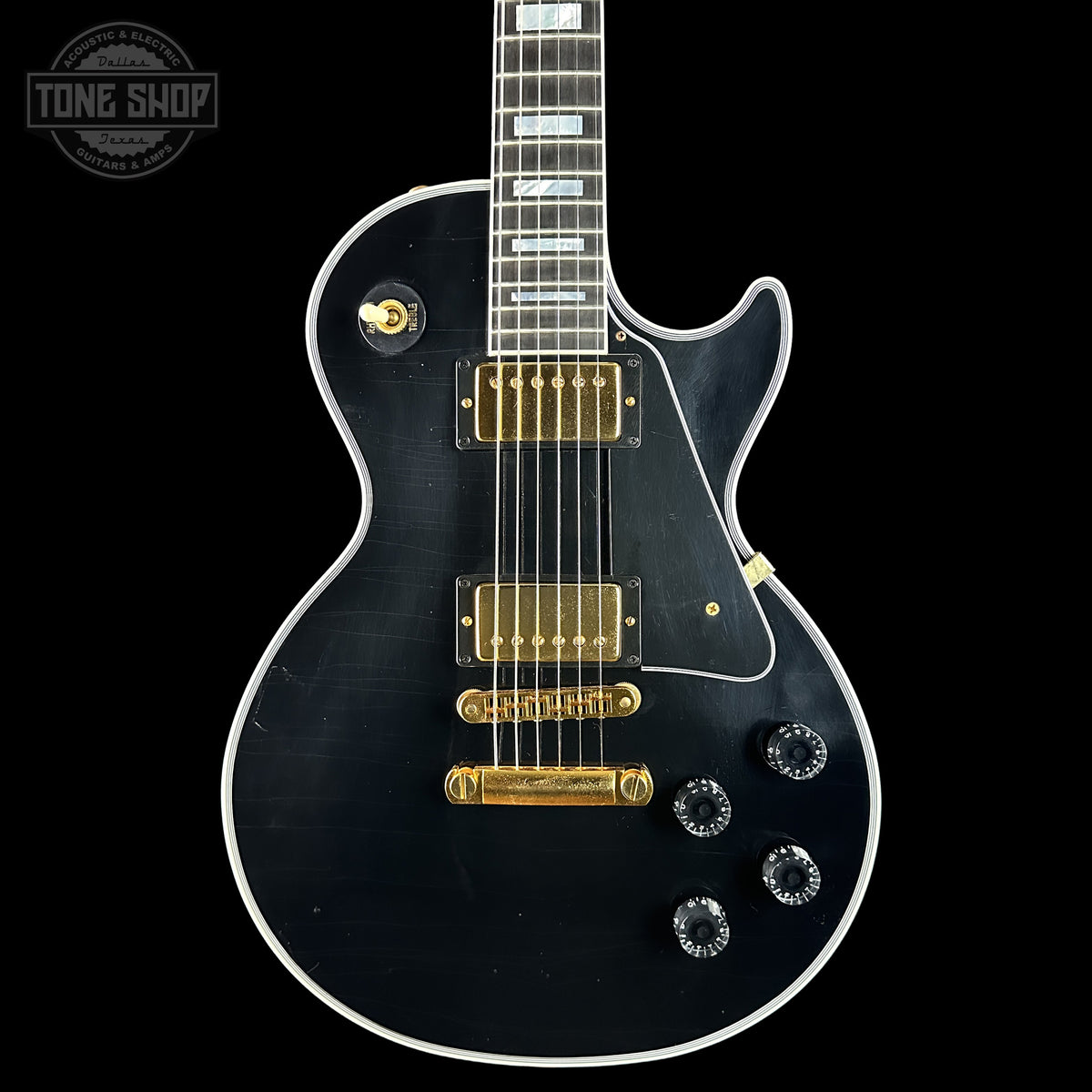 Front of Gibson Custom Dealer Select Les Paul Custom Ebony Ultra Light Aged CS502621.