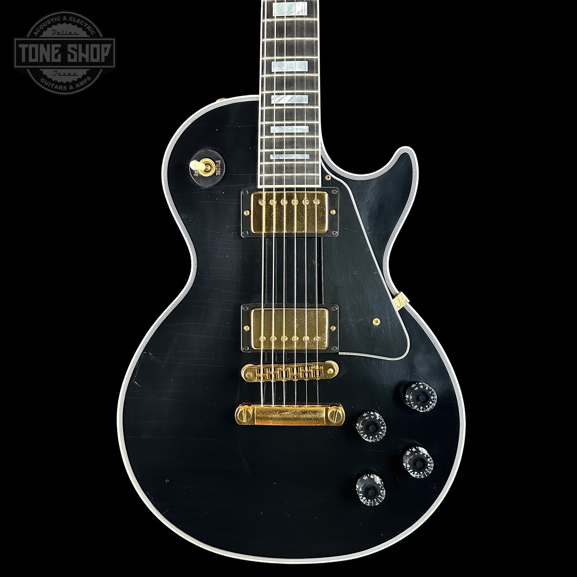 Front of Gibson Custom Dealer Select Les Paul Custom Ebony Ultra Light Aged CS502621.