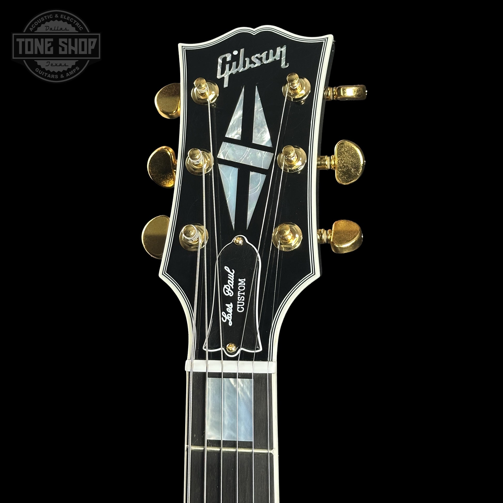 Headstock of Gibson Custom Dealer Select Les Paul Custom Ebony Ultra Light Aged CS502621.