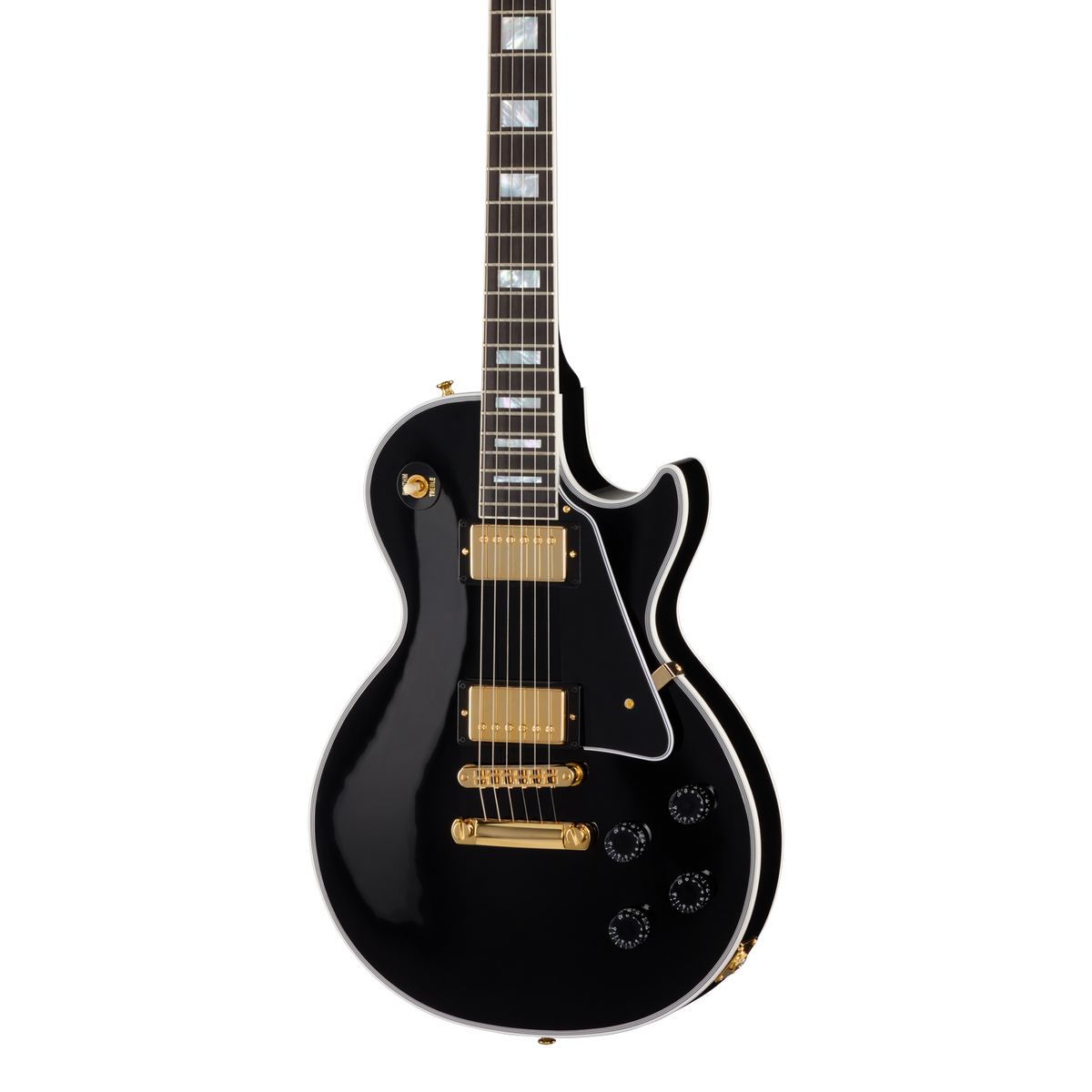 Front of Gibson Custom Les Paul Custom Long Scale Ebony.