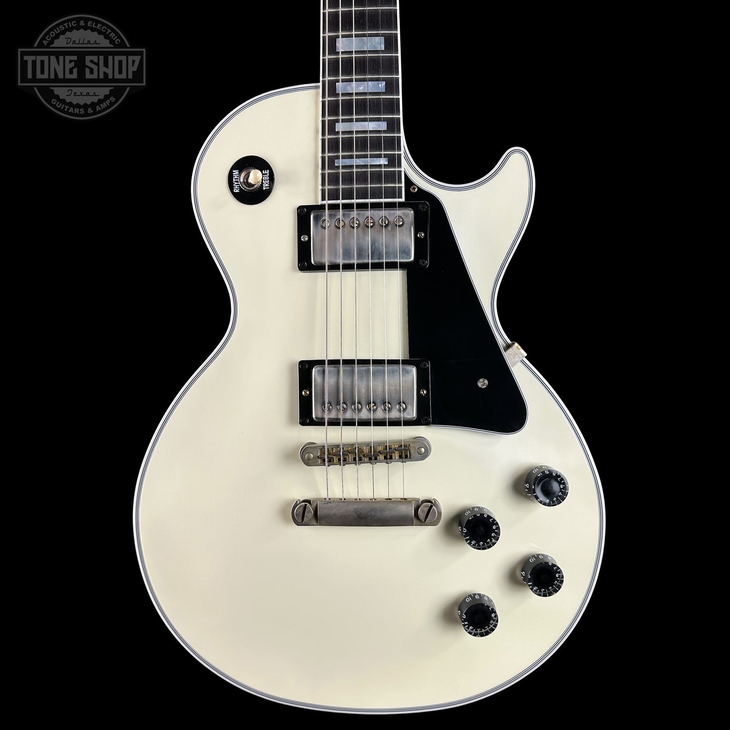 Front of Gibson Custom Les Paul Custom Vintage White VOS CS503092.