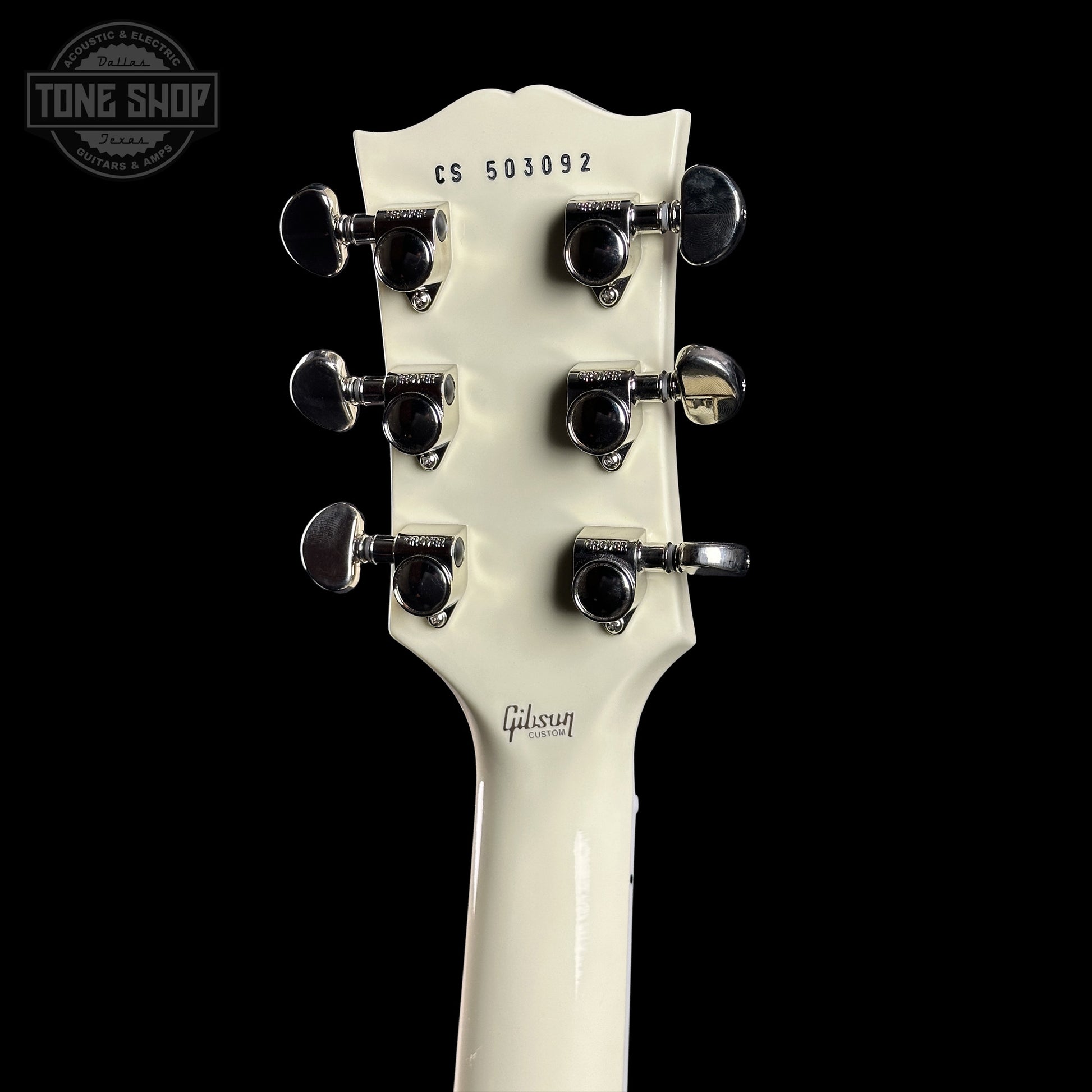 Back of Gibson Custom Les Paul Custom Vintage White VOS CS503092 headstock.