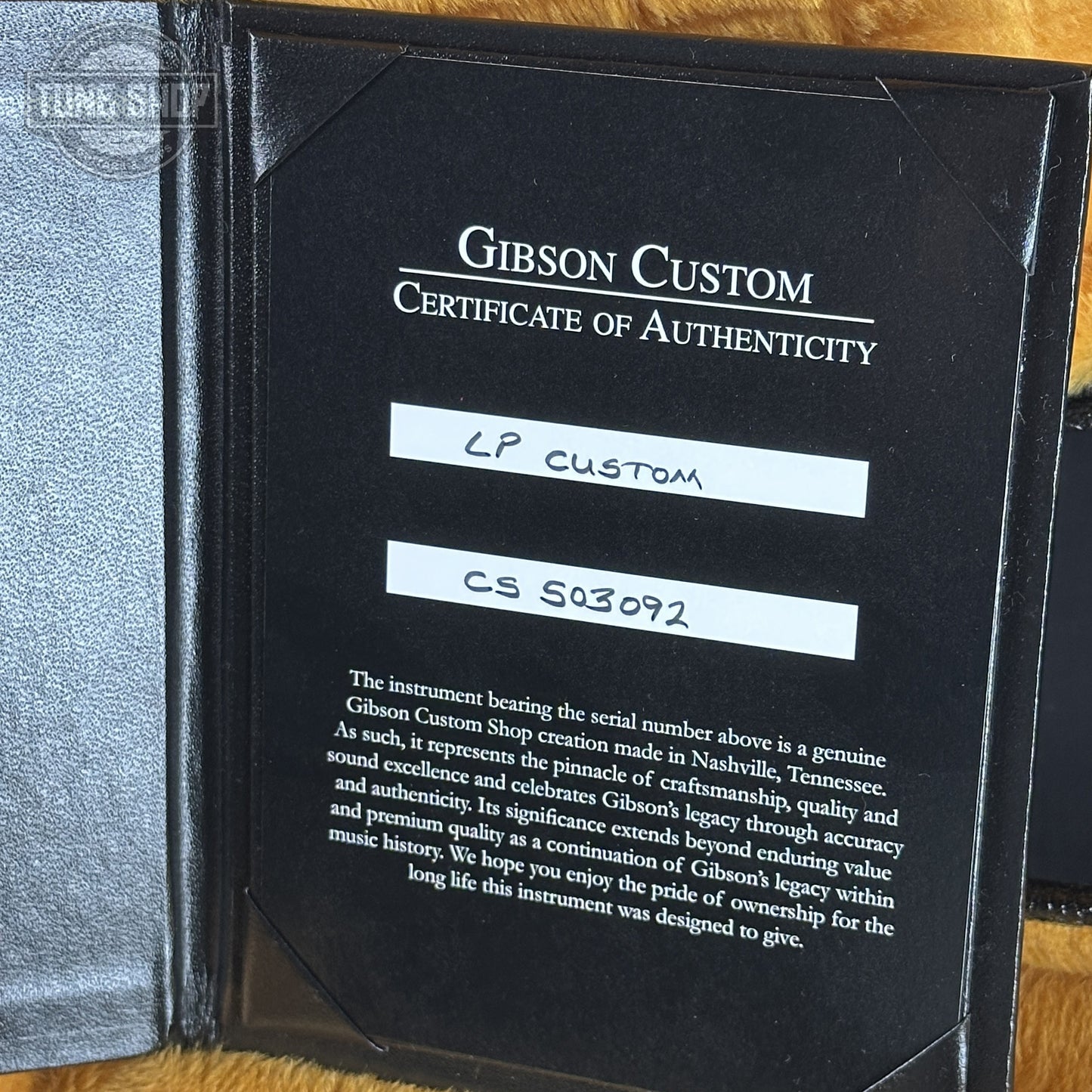 Certificate of Authenticity for Gibson Custom Les Paul Custom Vintage White VOS CS503092.