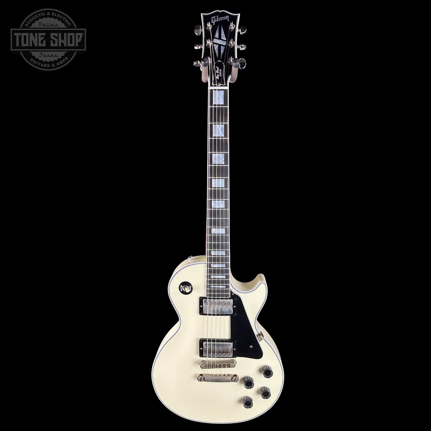 Full frontal of Gibson Custom Les Paul Custom Vintage White VOS CS503092.
