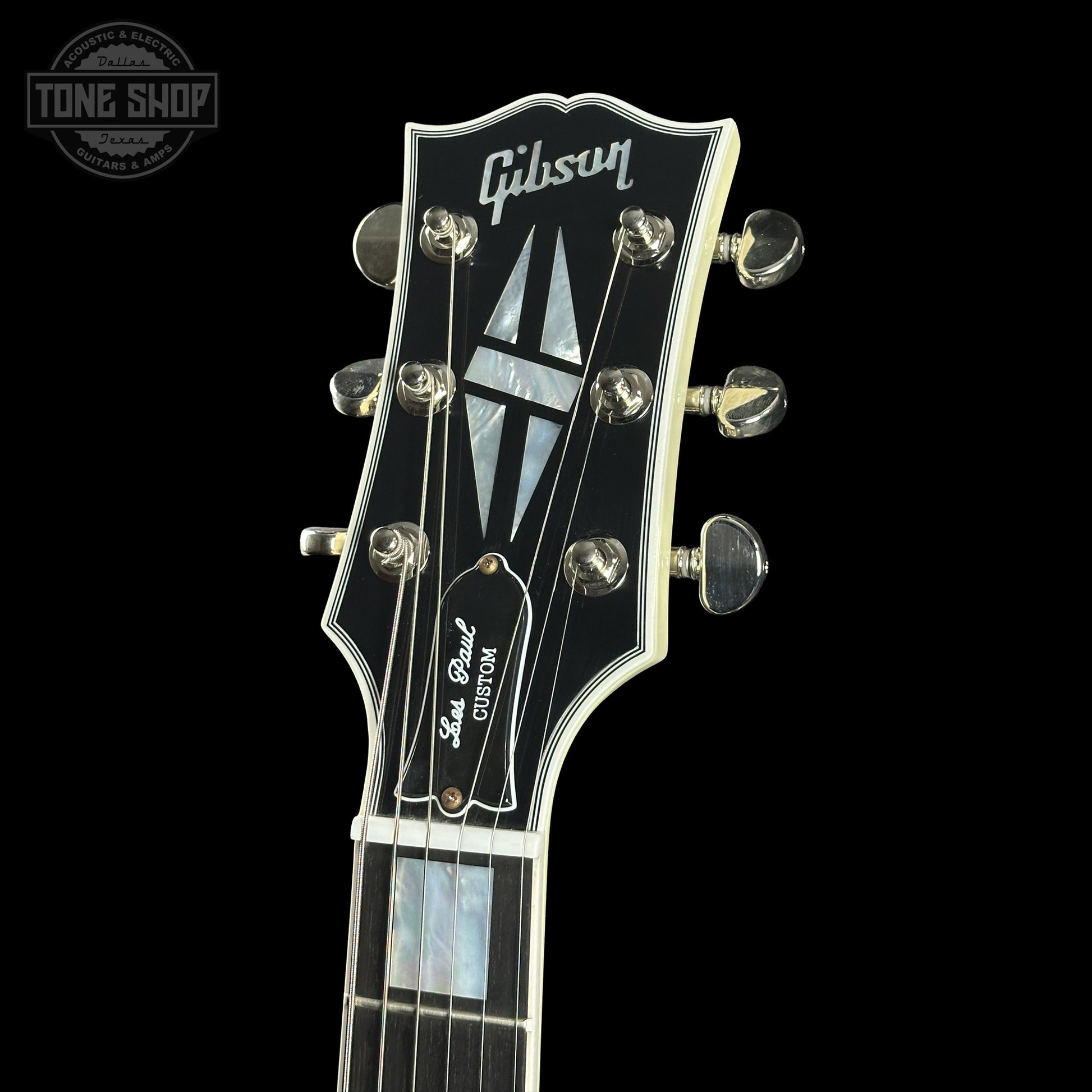 Headstock of Gibson Custom Les Paul Custom Vintage White VOS CS503092.