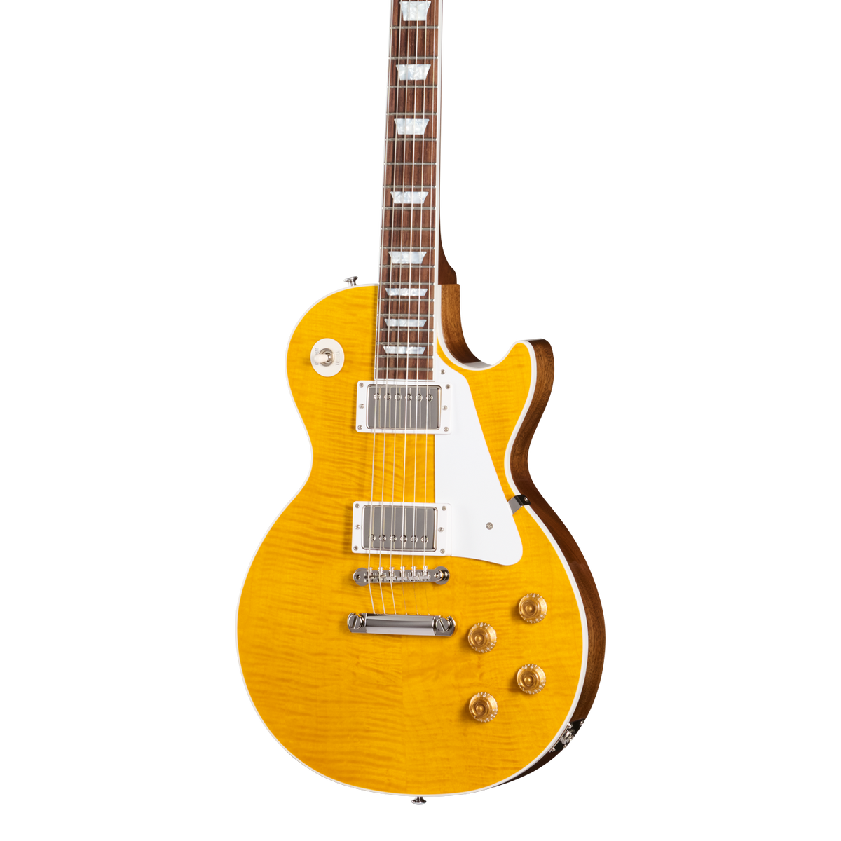 Front of Gibson Custom Les Paul Standard Translucent Amber.