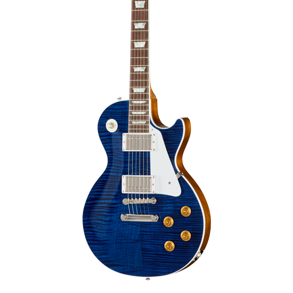 Front of Gibson Custom Les Paul Standard Translucent Blue.