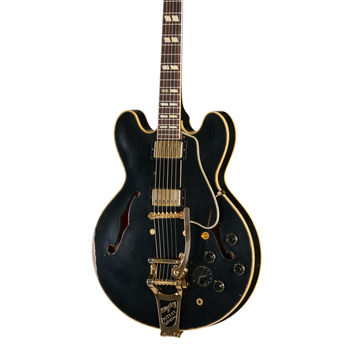 Front of Gibson Custom Limited 59 ES 345 Varitone Bigsby Ebony Heavy Aged.