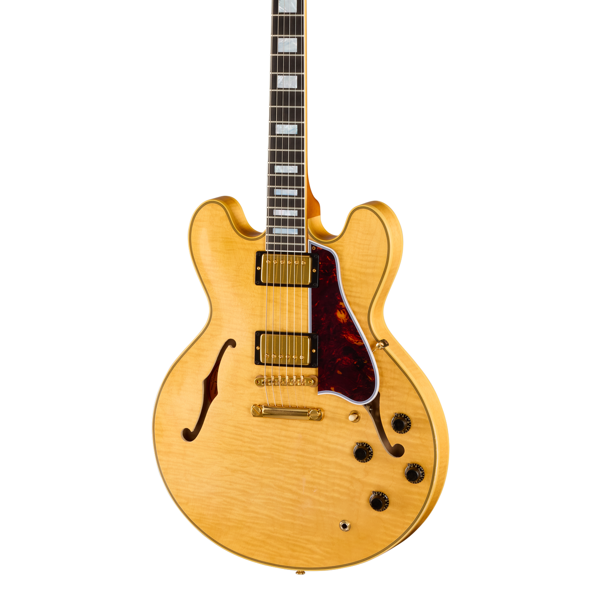 Front of Gibson Custom Limited 60 ES 355 Figured Antique Blonde Light Aged.