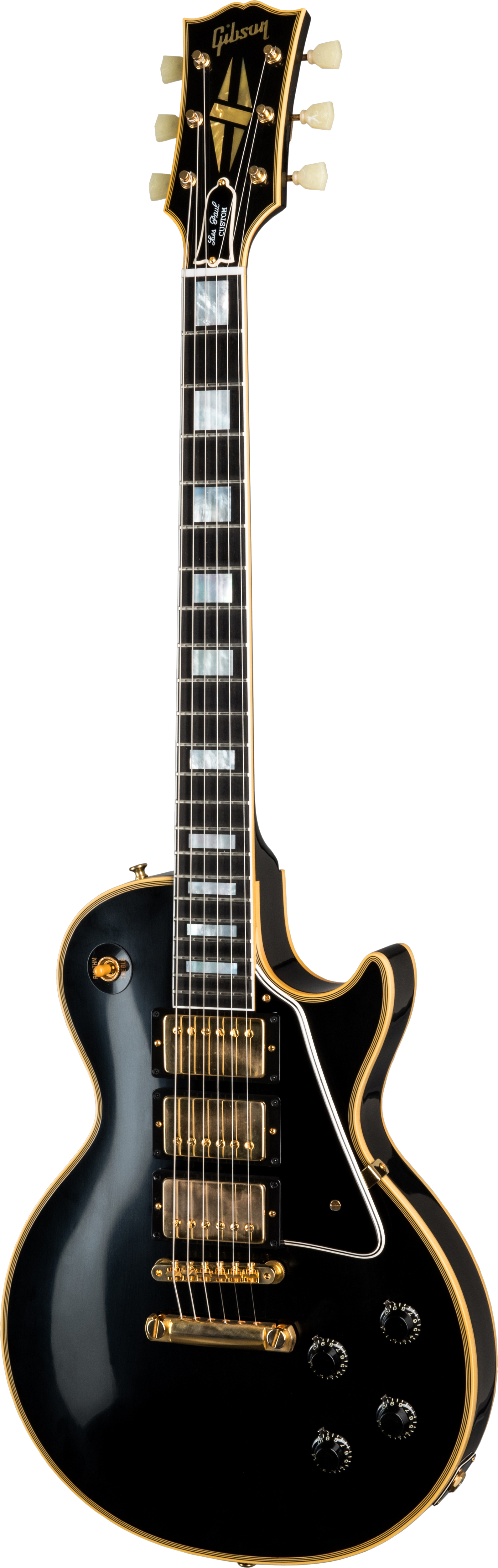 Full frontal of Gibson Custom Shop 1957 Les Paul Custom Reissue Ebony 3-Pickup VOS.