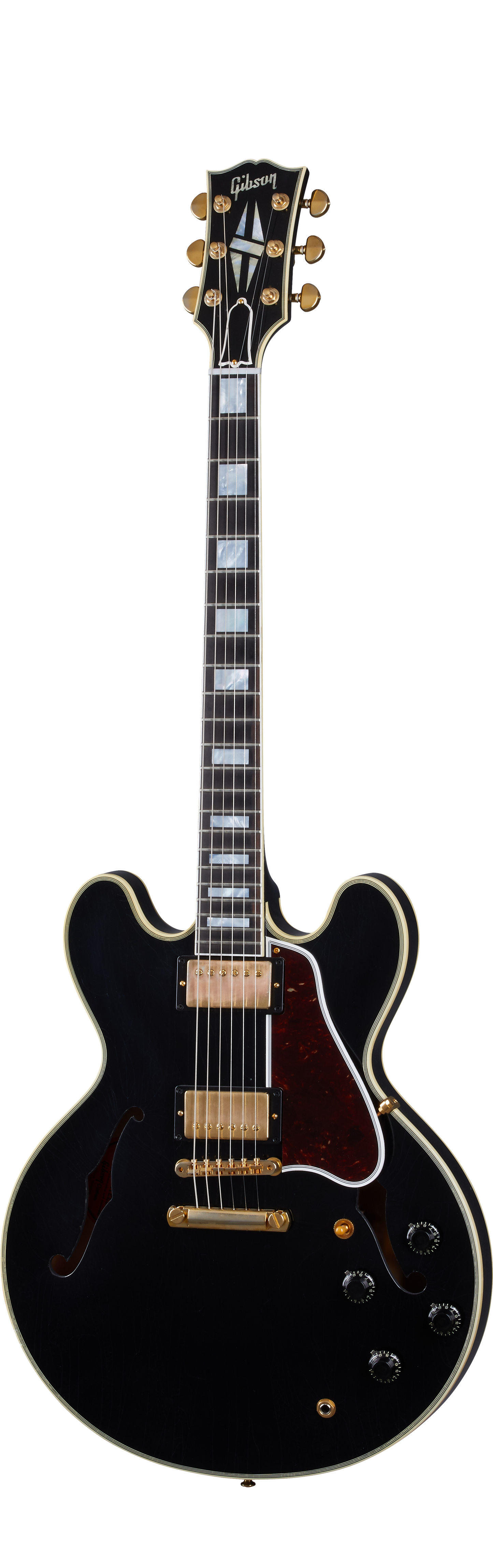 Full frontal of Gibson Custom Shop 1959 ES-355 Reissue Stop Bar Semi-hollow Murphy Lab Ultra Light Aged Ebony.