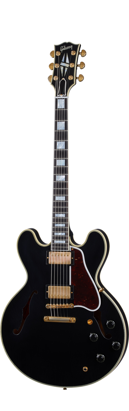 Full frontal of Gibson Custom Shop 1959 ES-355 Reissue Stop Bar Semi-hollow Murphy Lab Ultra Light Aged Ebony.