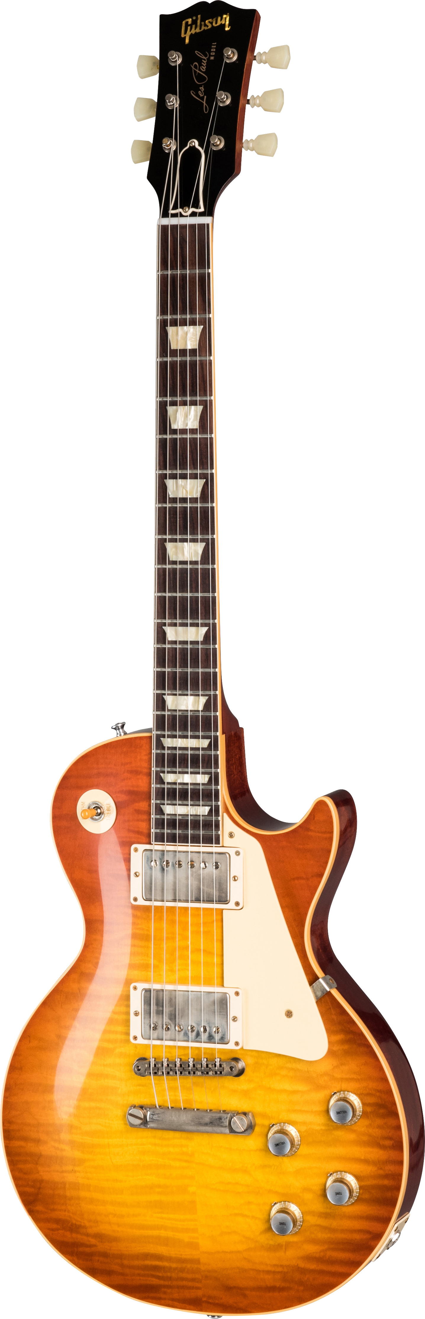 Full frontal of Gibson Custom Shop 1960 Les Paul Standard Reissue VOS Tangerine Burst.