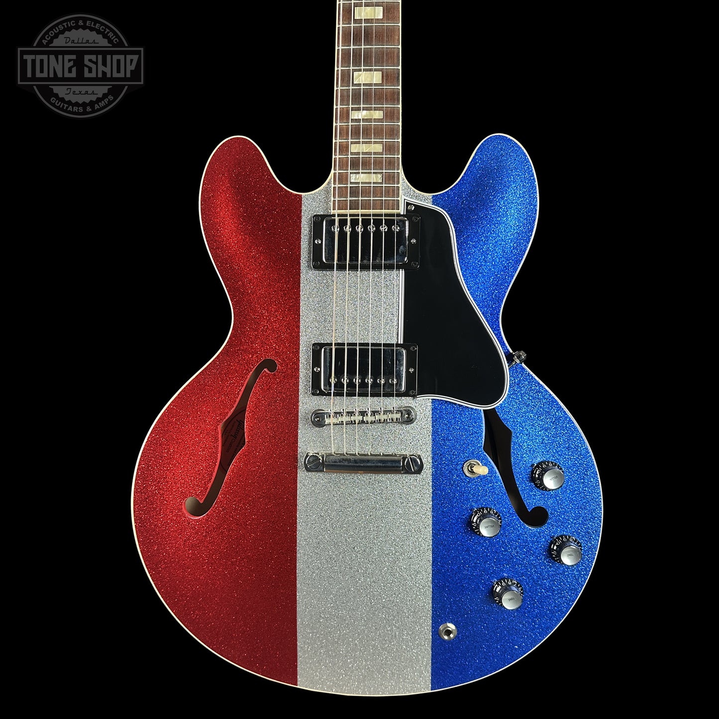 Front of Gibson Custom Shop Dealer Select 1964 ES-335 Patriot Sparkle 140413.