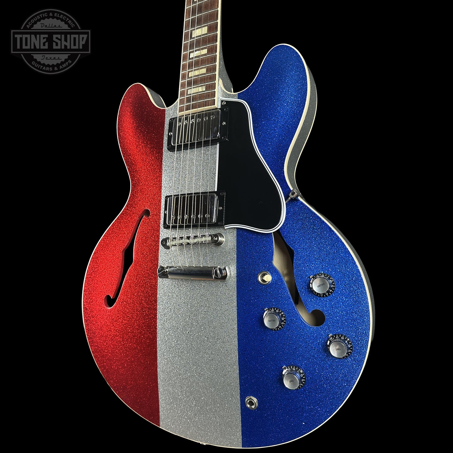 Front left angle of Gibson Custom Shop Dealer Select 1964 ES-335 Patriot Sparkle 140413.