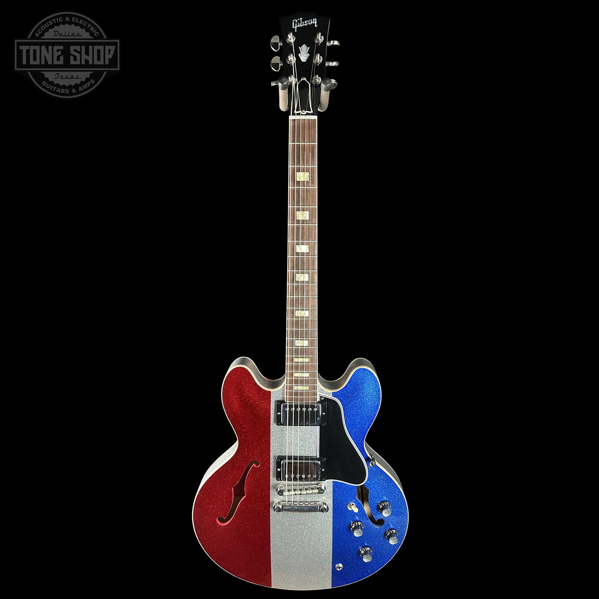 Full frontal of Gibson Custom Shop Dealer Select 1964 ES-335 Patriot Sparkle 140413.