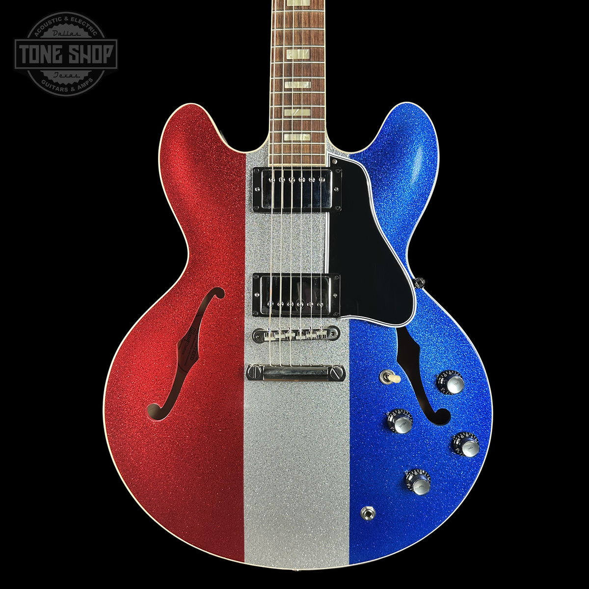 Front of Gibson Custom Shop Dealer Select 1964 ES-335 Patriot Sparkle 140420.