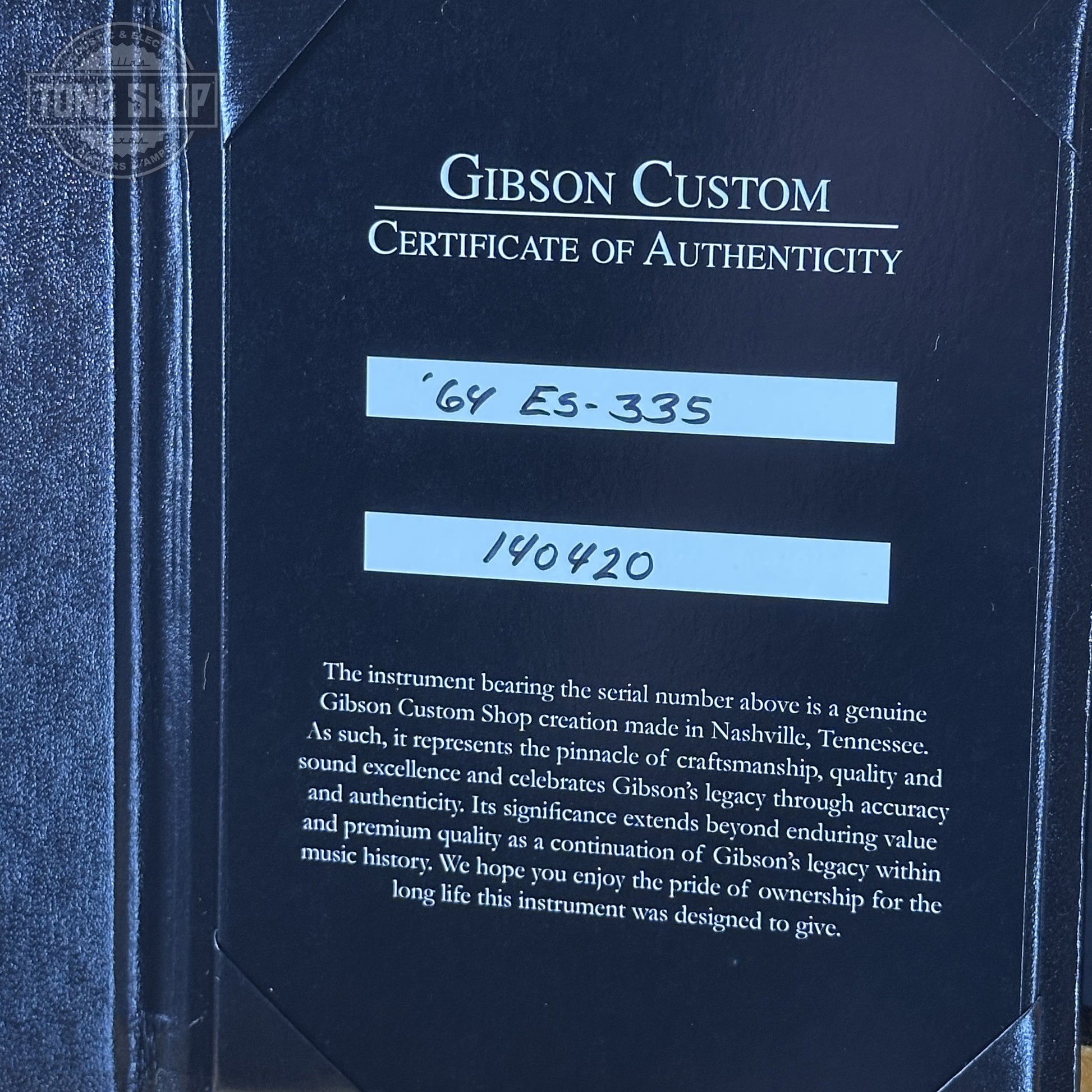 Certificate of Authenticity for the Gibson Custom Shop Dealer Select 1964 ES-335 Patriot Sparkle 140420.