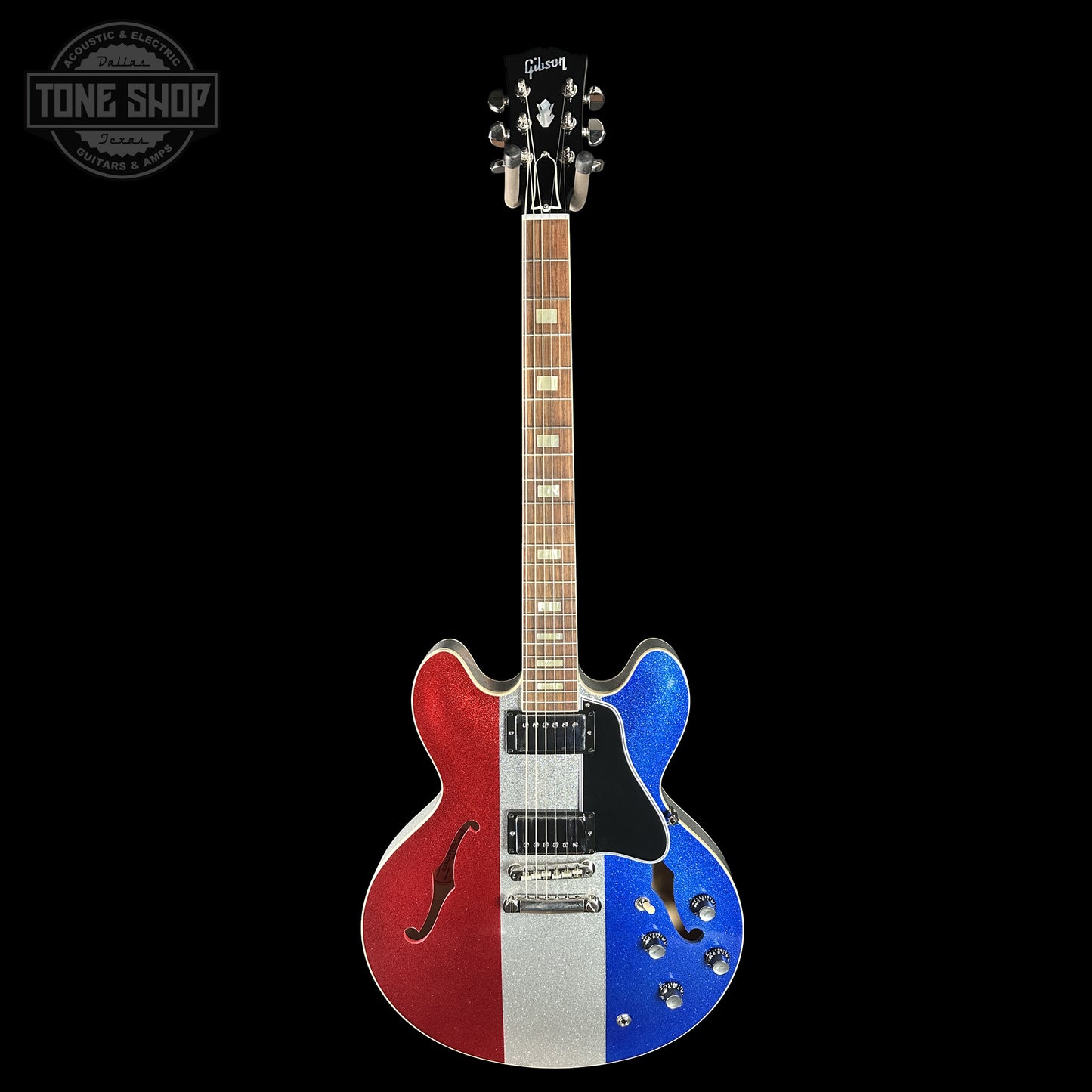 Full frontal of Gibson Custom Shop Dealer Select 1964 ES-335 Patriot Sparkle 140420.