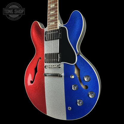 Front right angle of Gibson Custom Shop Dealer Select 1964 ES-335 Patriot Sparkle 140420.