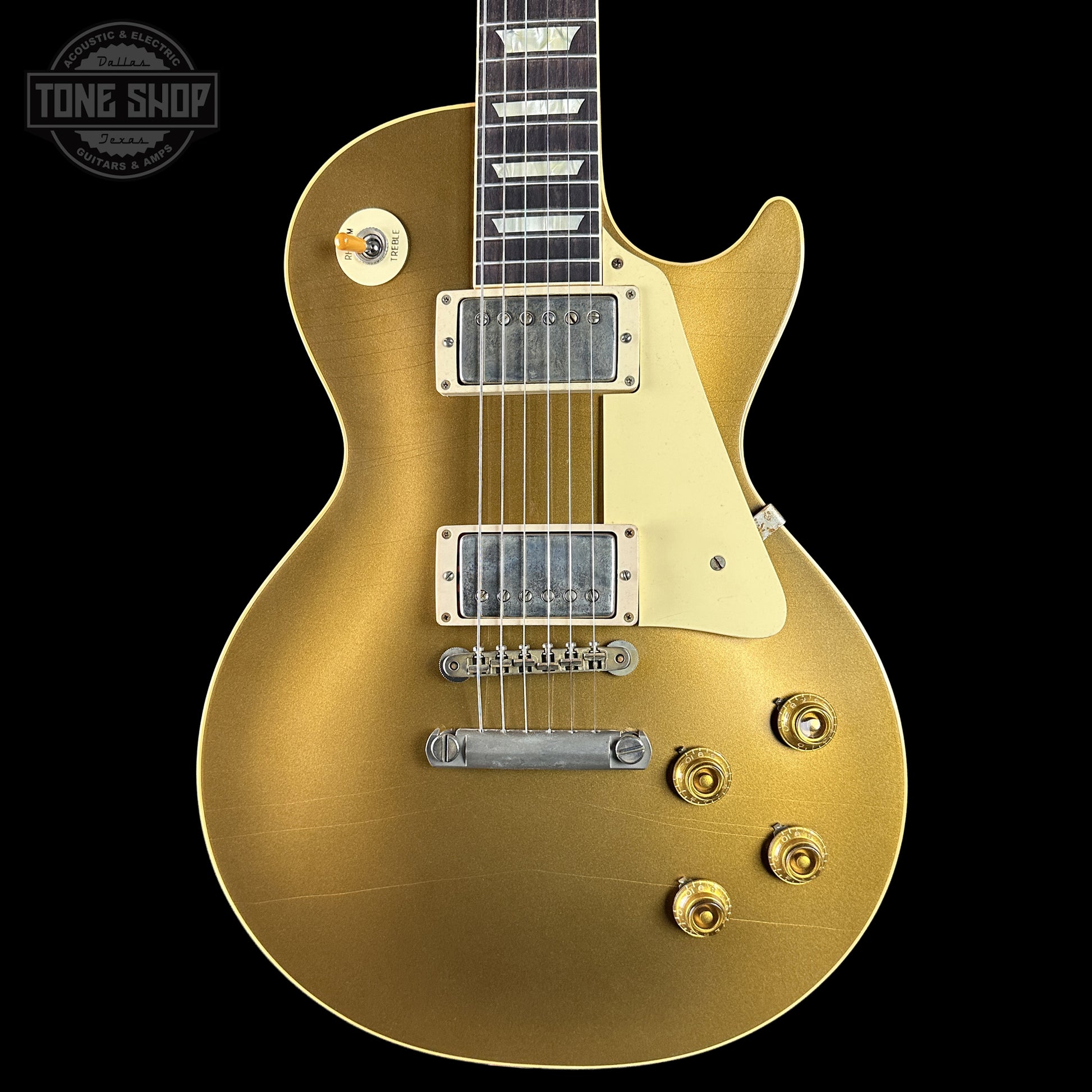 Front of Gibson Custom Shop Dealer Select Chambered 1957 Les Paul Standard Double Gold Murphy Lab Ultra Light Aged 751833.