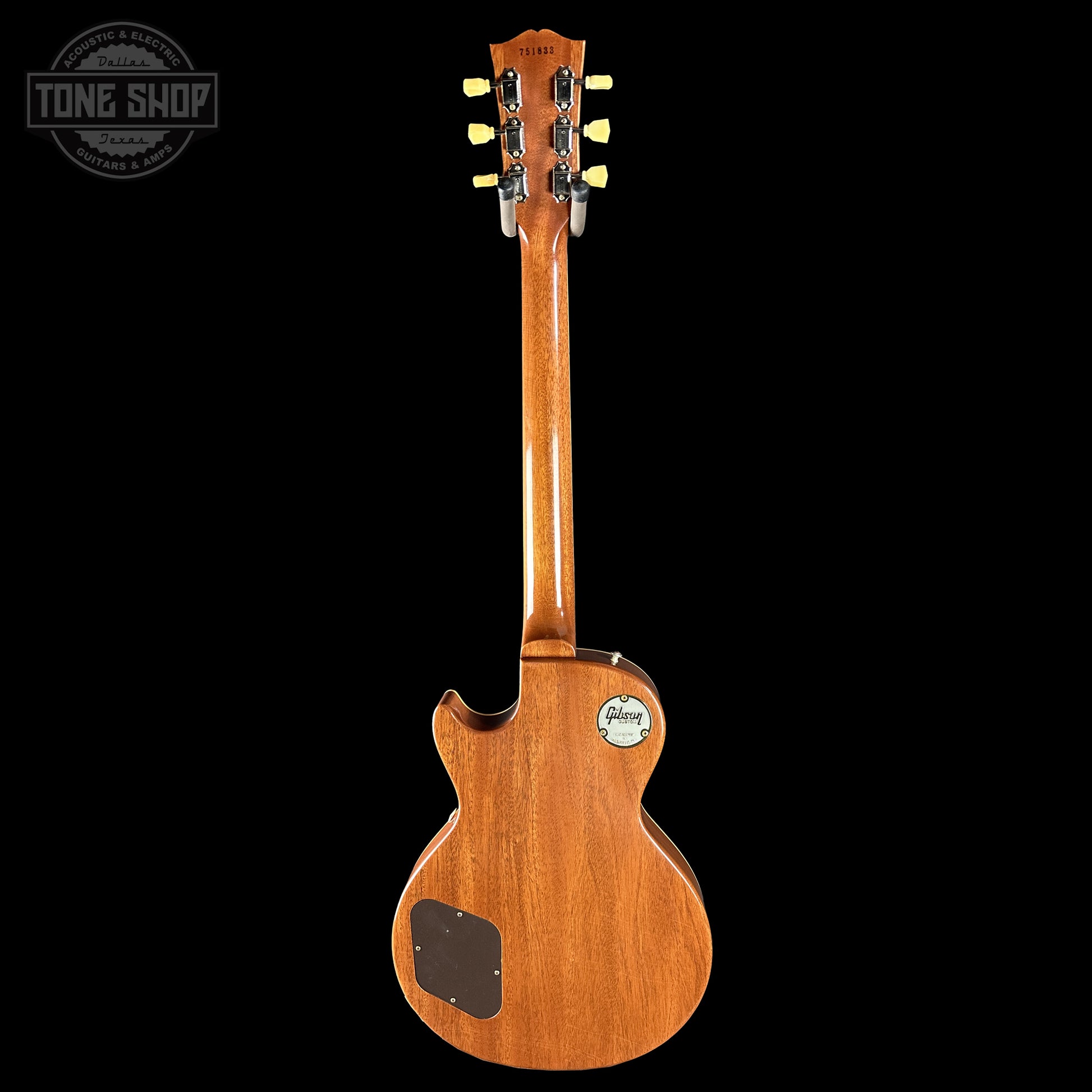 Back of Gibson Custom Shop Dealer Select Chambered 1957 Les Paul Standard Double Gold Murphy Lab Ultra Light Aged 751833.
