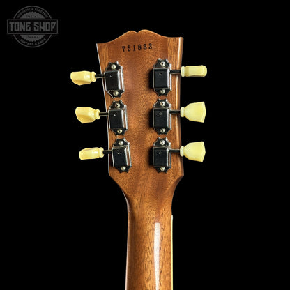 Back of Gibson Custom Shop Dealer Select Chambered 1957 Les Paul Standard Double Gold Murphy Lab Ultra Light Aged 751833 headstock.