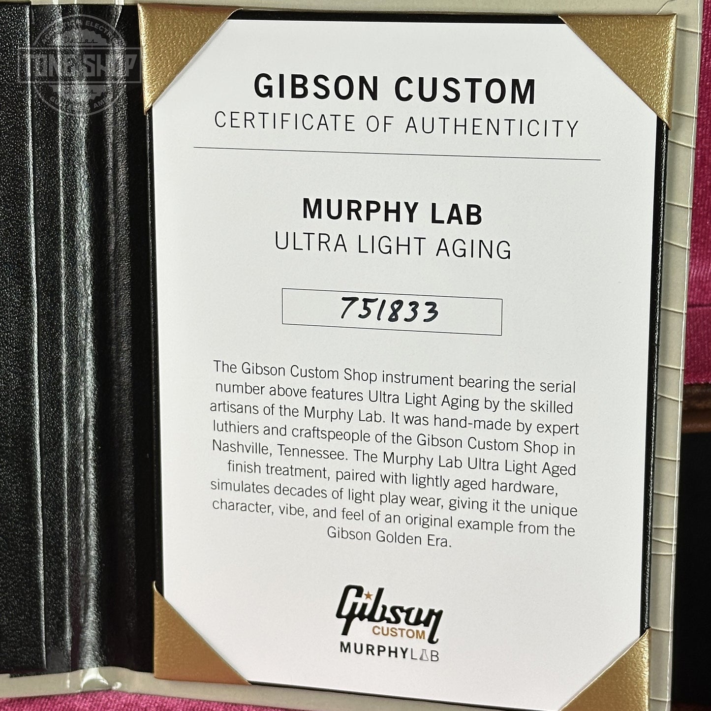 Certificate of Authenticity for Gibson Custom Shop Dealer Select Chambered 1957 Les Paul Standard Double Gold Murphy Lab Ultra Light Aged 751833.