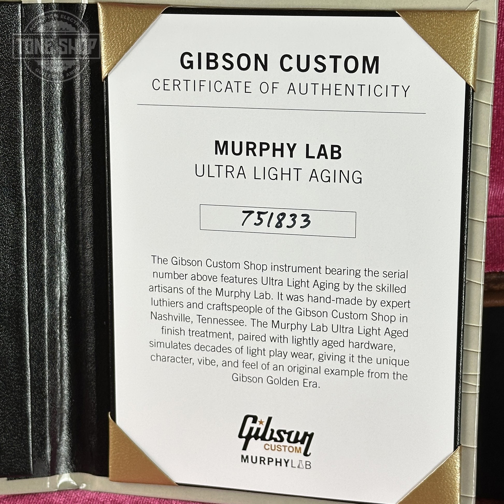 Certificate of Authenticity for Gibson Custom Shop Dealer Select Chambered 1957 Les Paul Standard Double Gold Murphy Lab Ultra Light Aged 751833.