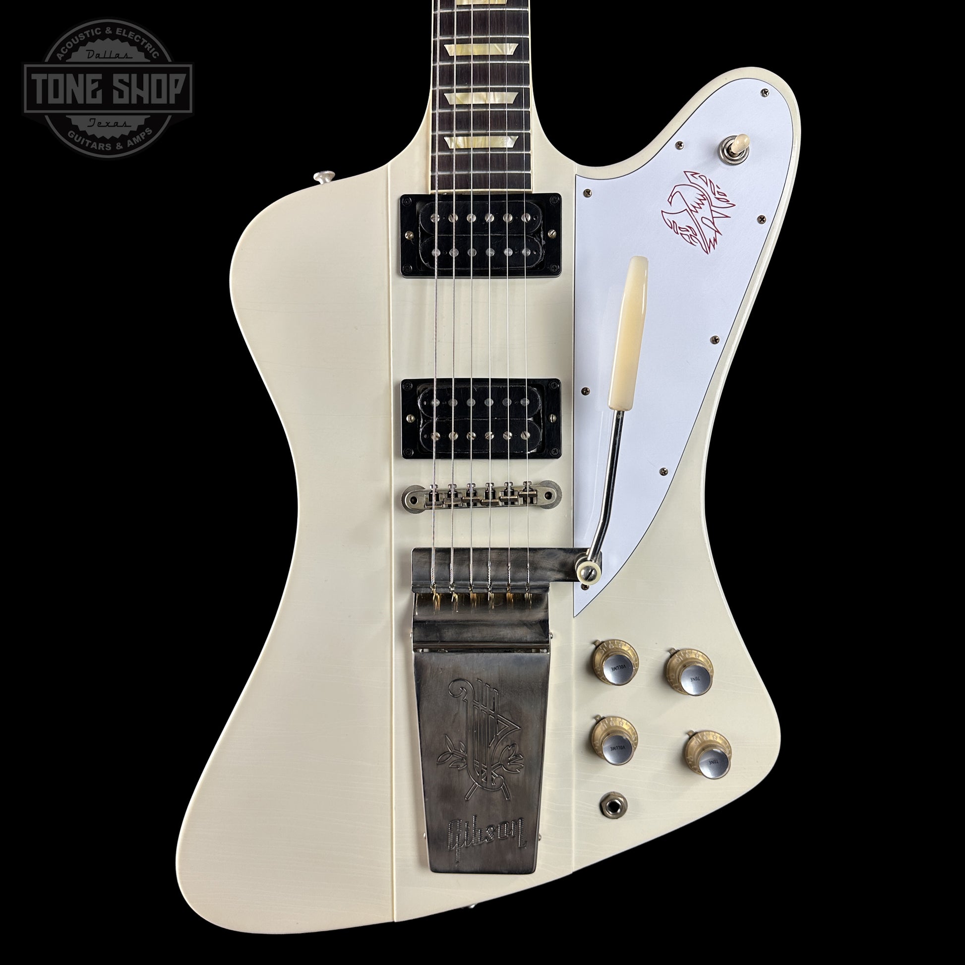Front of Gibson Custom Shop Dealer's Choice 1963 Firebird V Polaris White Hums Maestro Ultra Light Murphy Lab  Aged 501953.