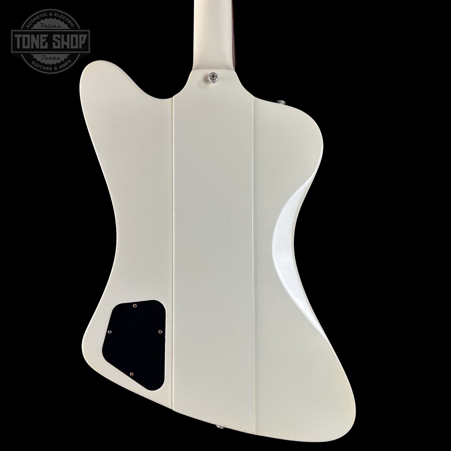 Back of Gibson Custom Shop Dealer's Choice 1963 Firebird V Polaris White Hums Maestro Ultra Light Murphy Lab  Aged 501953 body.