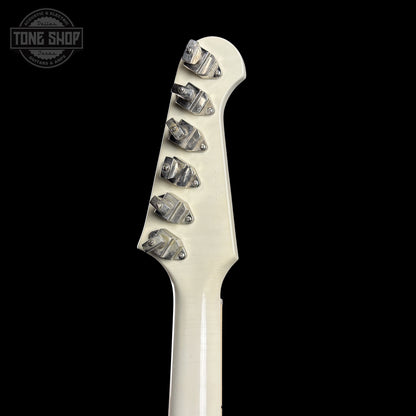 Back of Gibson Custom Shop Dealer's Choice 1963 Firebird V Polaris White Hums Maestro Ultra Light Murphy Lab  Aged 501953 headstock.