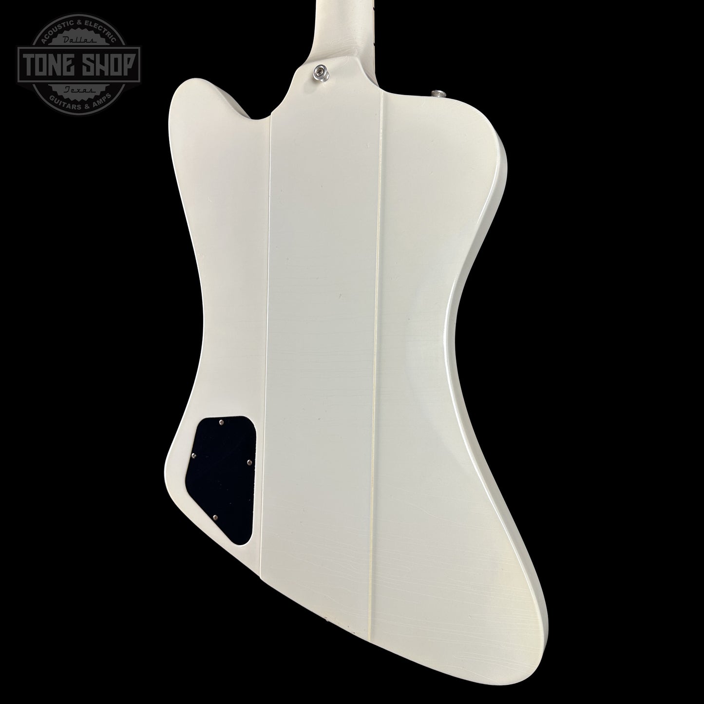 Back right angle of Gibson Custom Shop Dealer's Choice 1963 Firebird V Polaris White Hums Maestro Ultra Light Murphy Lab  Aged 501953 body.