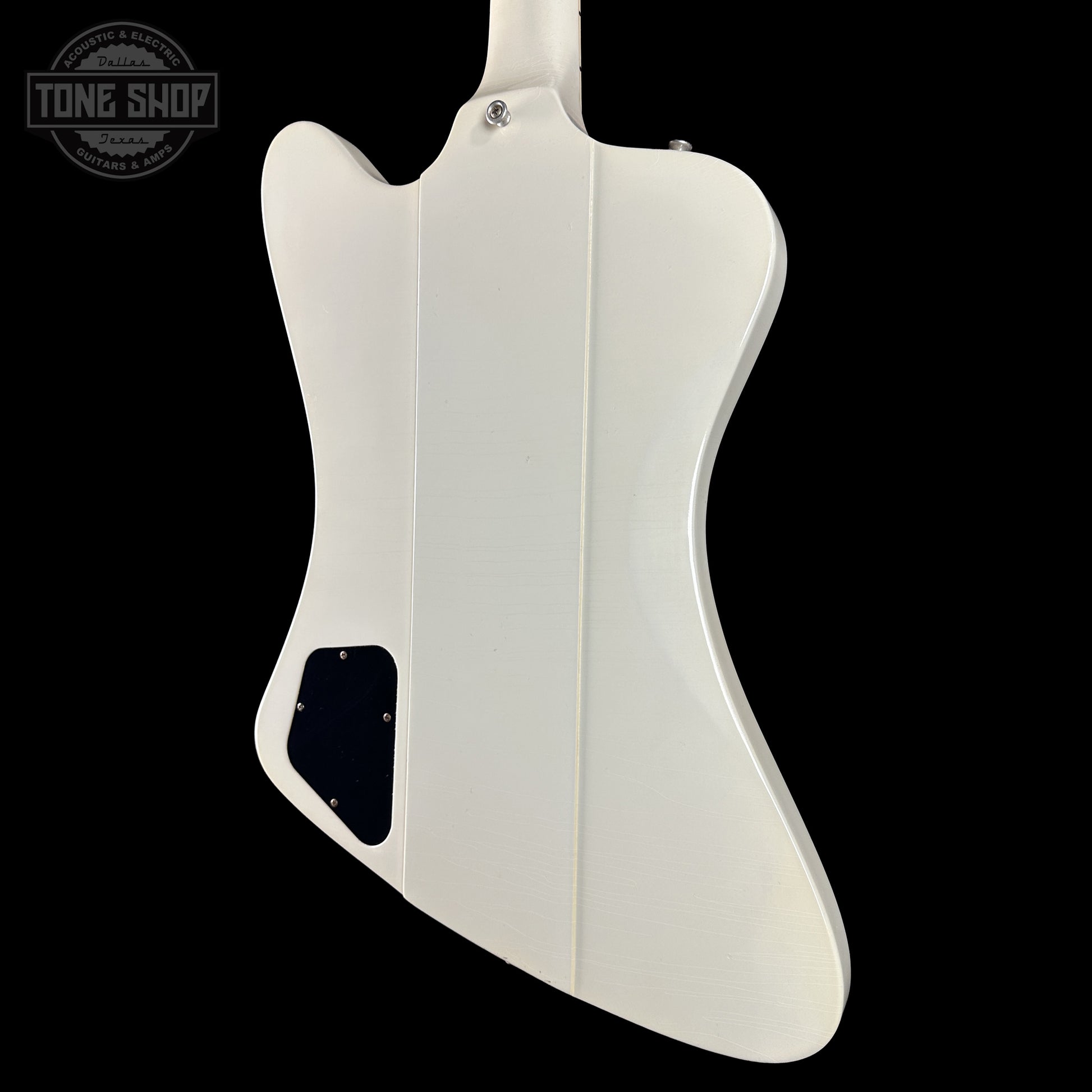 Back right angle of Gibson Custom Shop Dealer's Choice 1963 Firebird V Polaris White Hums Maestro Ultra Light Murphy Lab  Aged 501953 body.