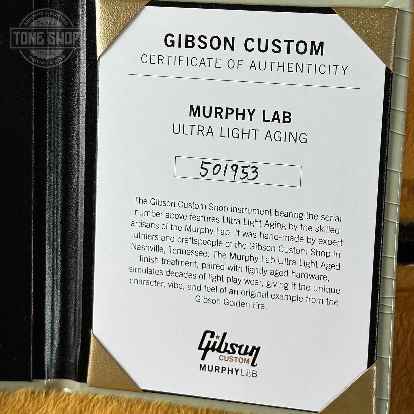 Certificate of Authenticity for Gibson Custom Shop Dealer's Choice 1963 Firebird V Polaris White Hums Maestro Ultra Light Murphy Lab  Aged 501953.
