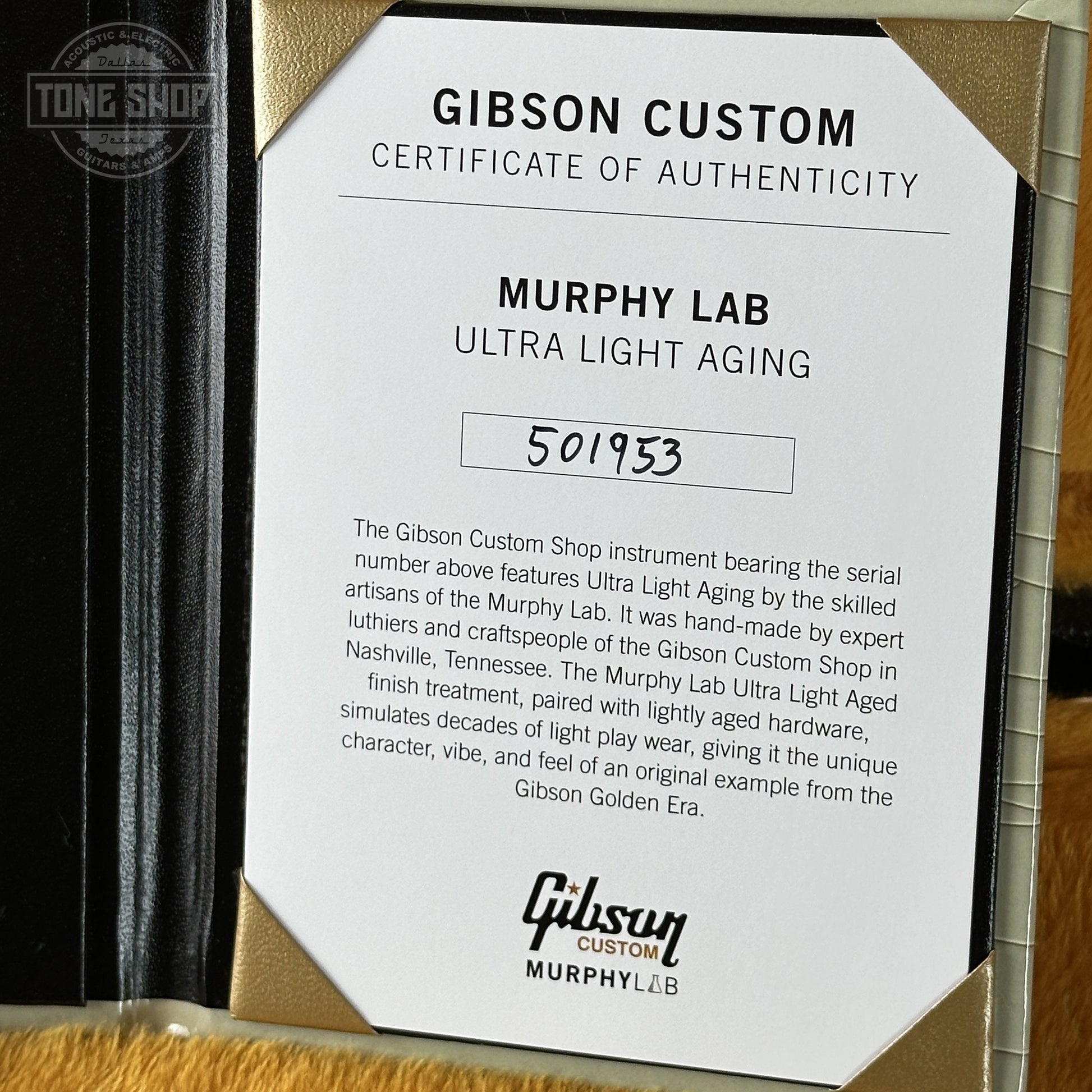 Certificate of Authenticity for Gibson Custom Shop Dealer's Choice 1963 Firebird V Polaris White Hums Maestro Ultra Light Murphy Lab  Aged 501953.