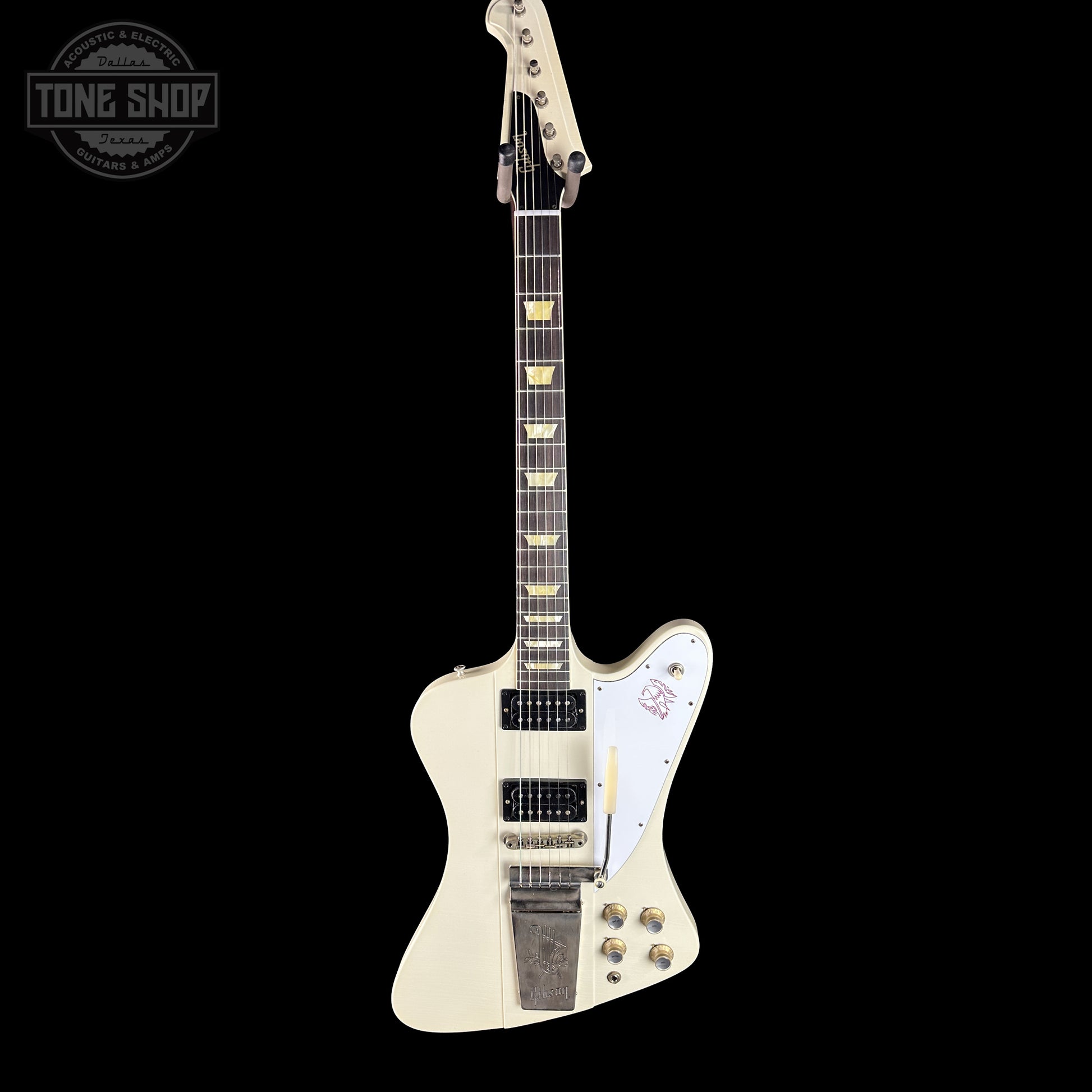 Full frontal of Gibson Custom Shop Dealer's Choice 1963 Firebird V Polaris White Hums Maestro Ultra Light Murphy Lab  Aged 501953.