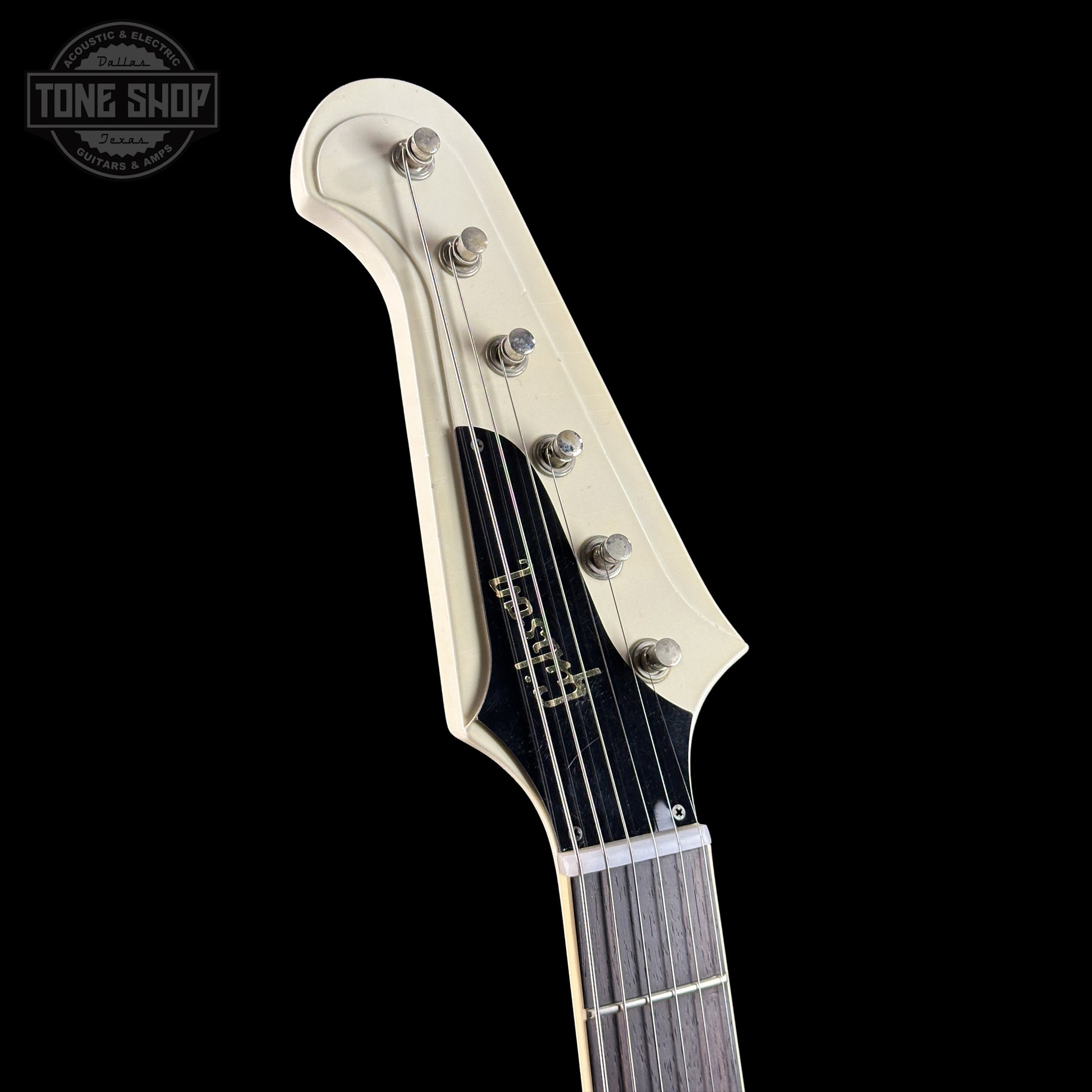 Headstock of Gibson Custom Shop Dealer's Choice 1963 Firebird V Polaris White Hums Maestro Ultra Light Murphy Lab  Aged 501953.