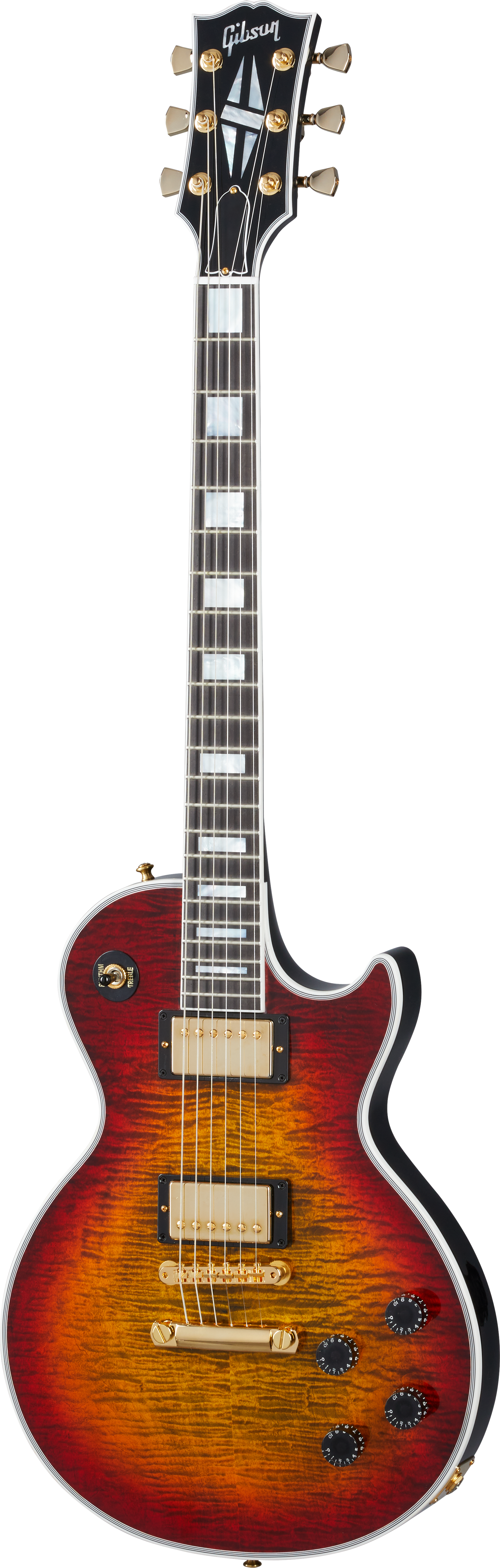 Full frontal of Gibson Custom Shop Les Paul Axcess Custom Figured Top Bengal Burst.