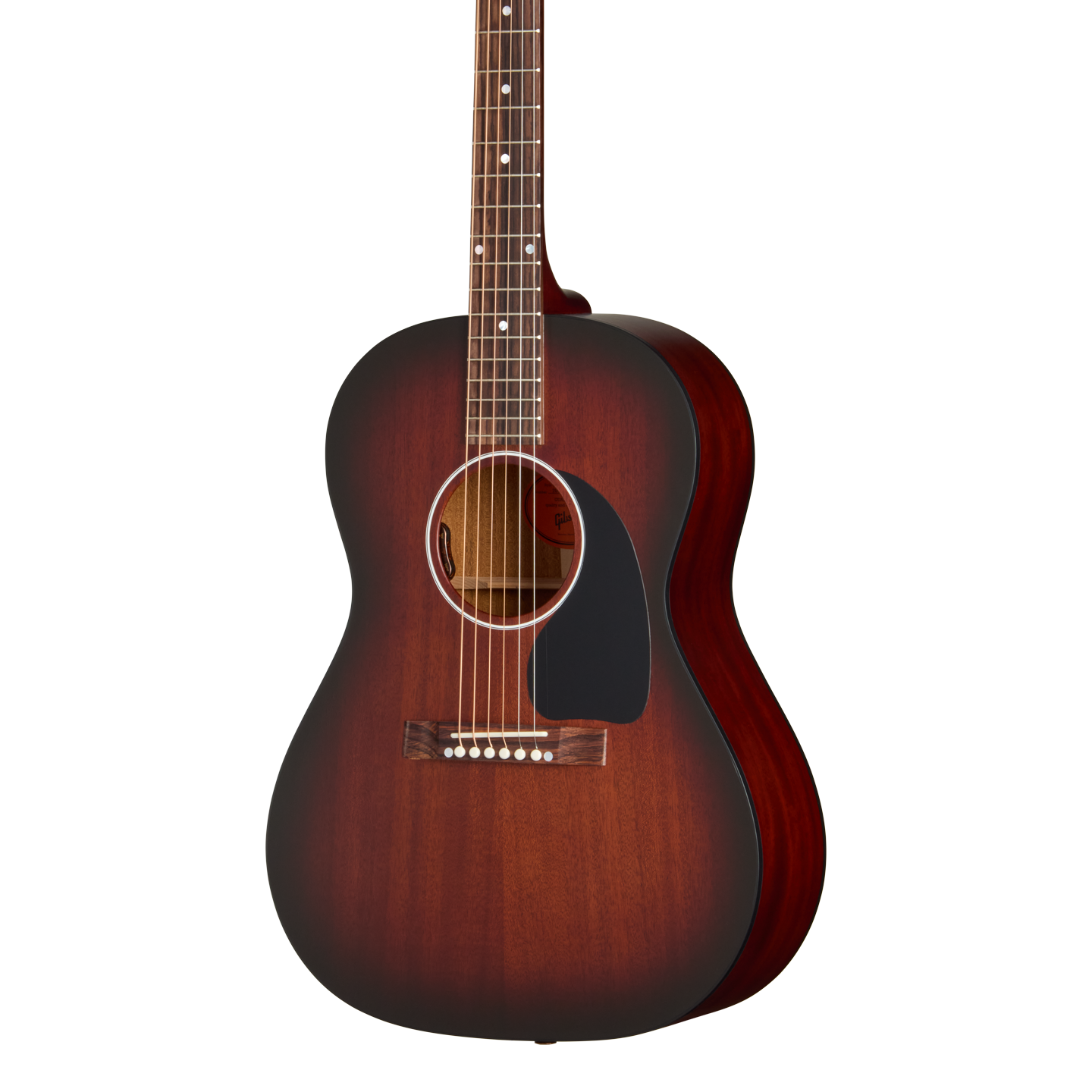 Front of Gibson LG 2 All Mahogany Faded Vintage Sunburst.