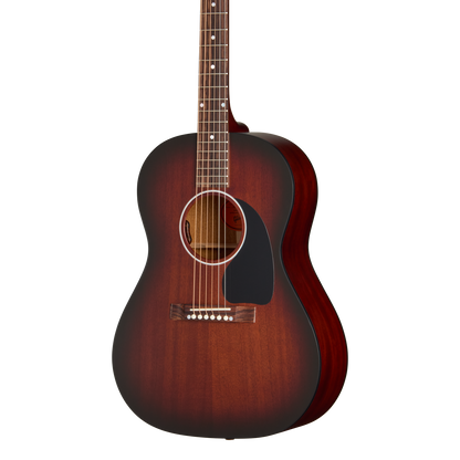 Front of Gibson LG 2 All Mahogany Faded Vintage Sunburst.