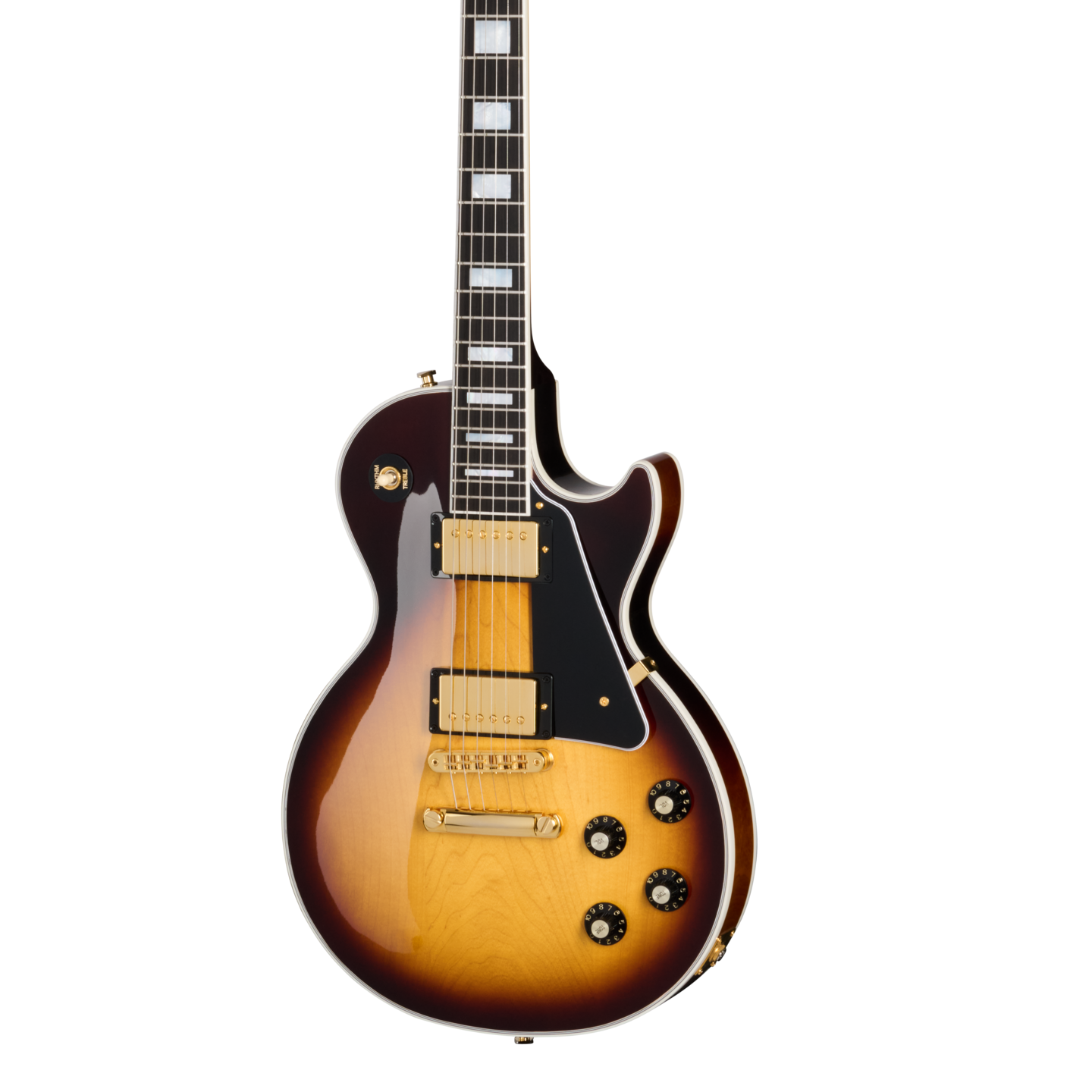 Front of Gibson Les Paul Custom 70s Tobacco Burst.