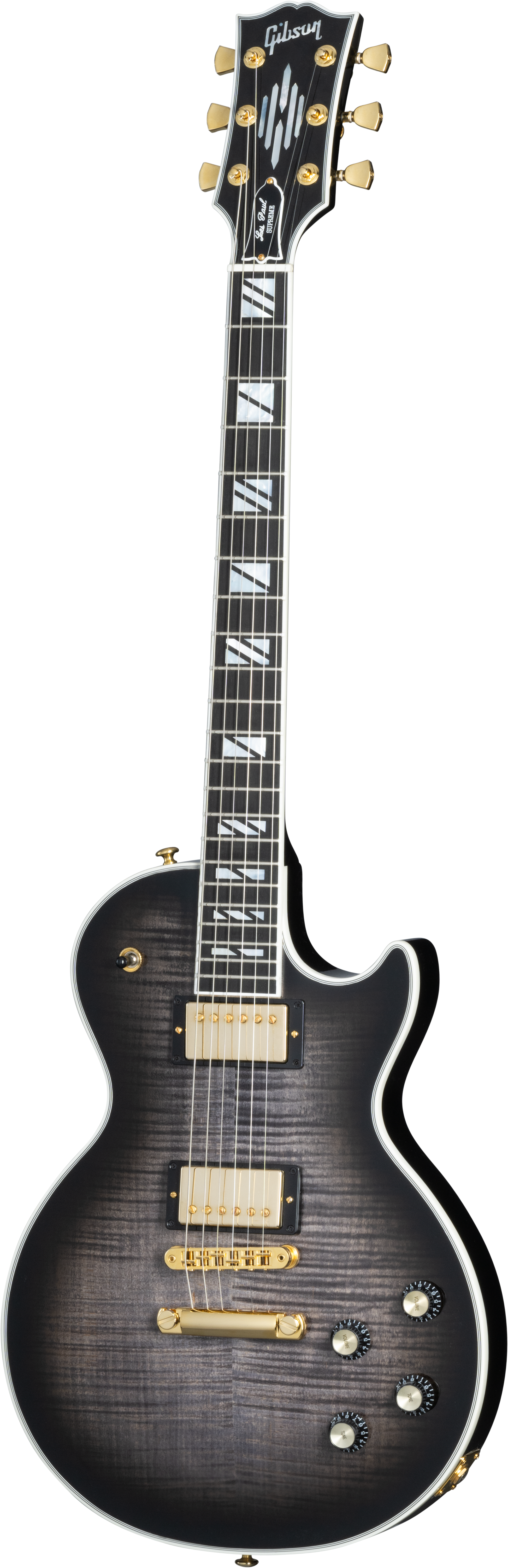 Full frontal of Gibson Les Paul Modern Supreme Trans Ebony Burst.