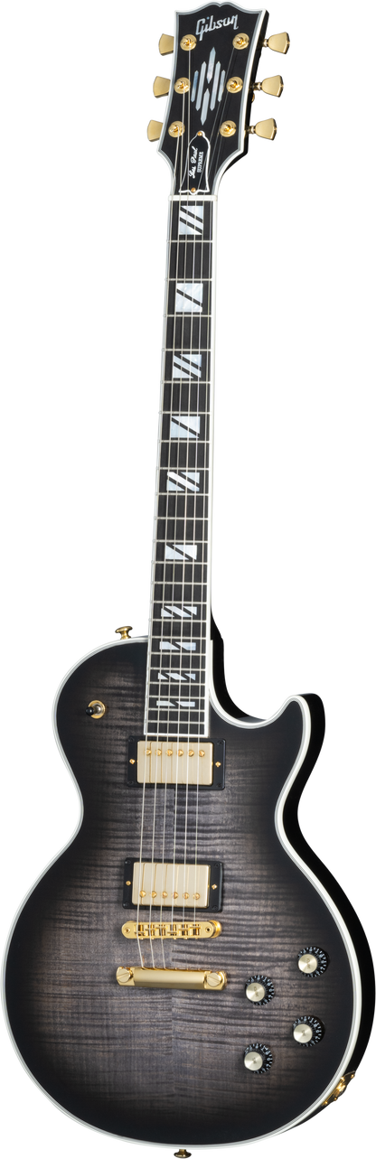 Full frontal of Gibson Les Paul Modern Supreme Trans Ebony Burst.