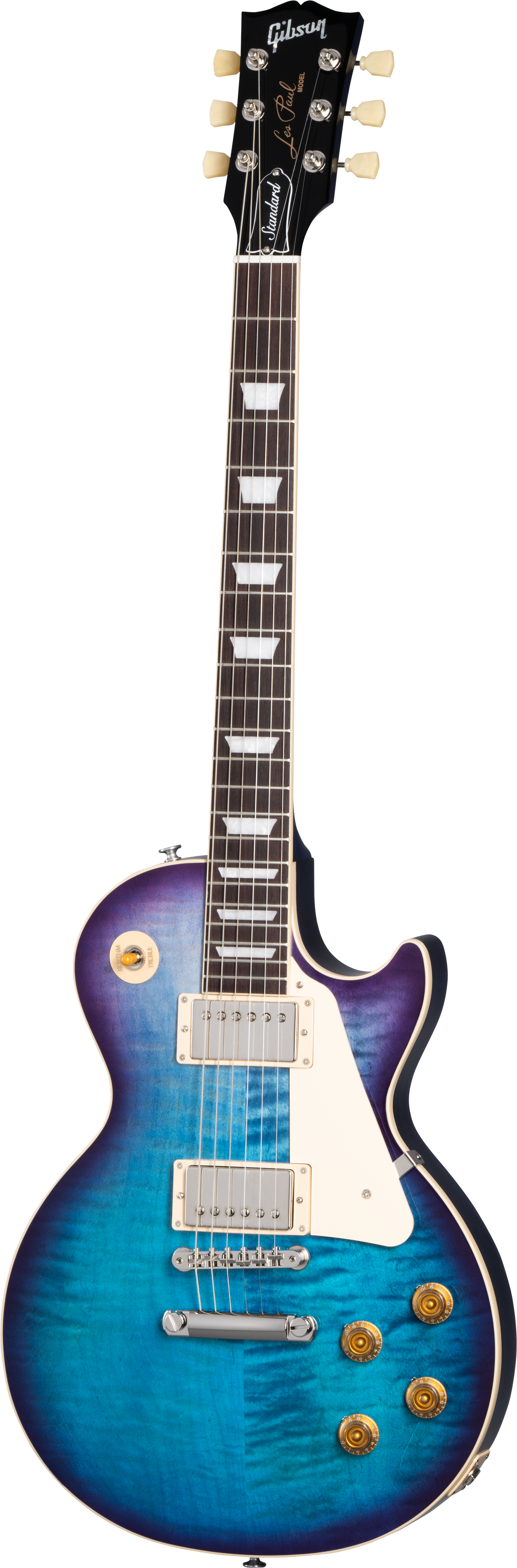 Full frontal of Gibson Les Paul Standard 50s Figured Top Blueberry Burst.