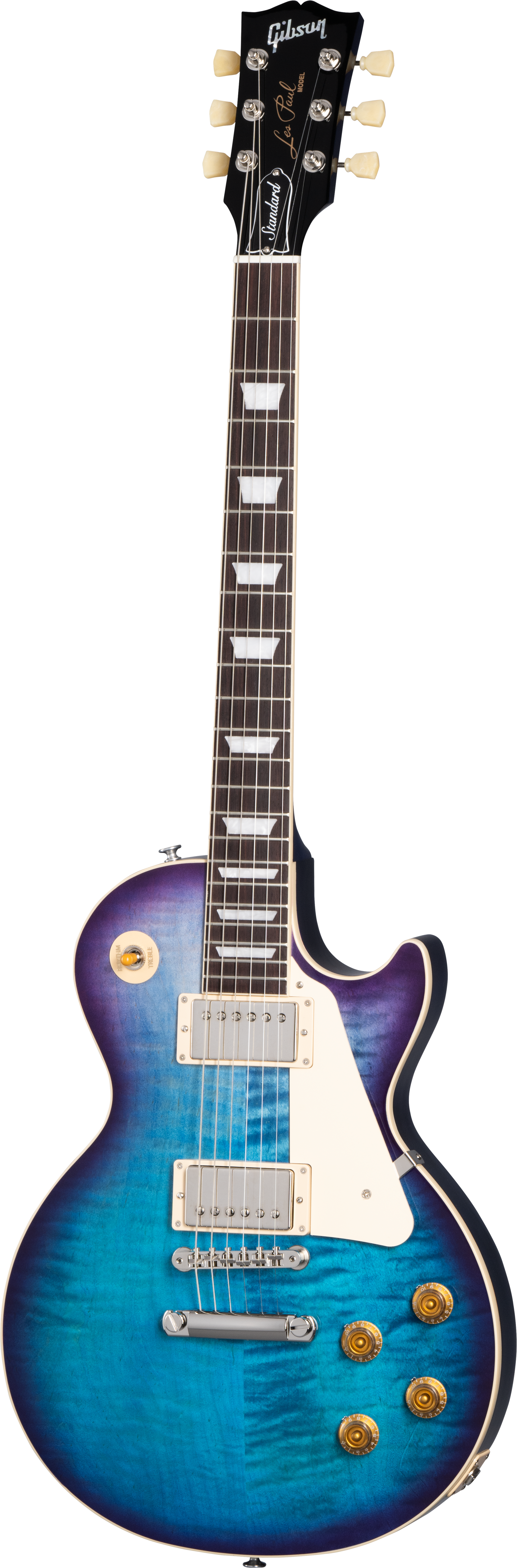Full frontal of Gibson Les Paul Standard 50s Figured Top Blueberry Burst.