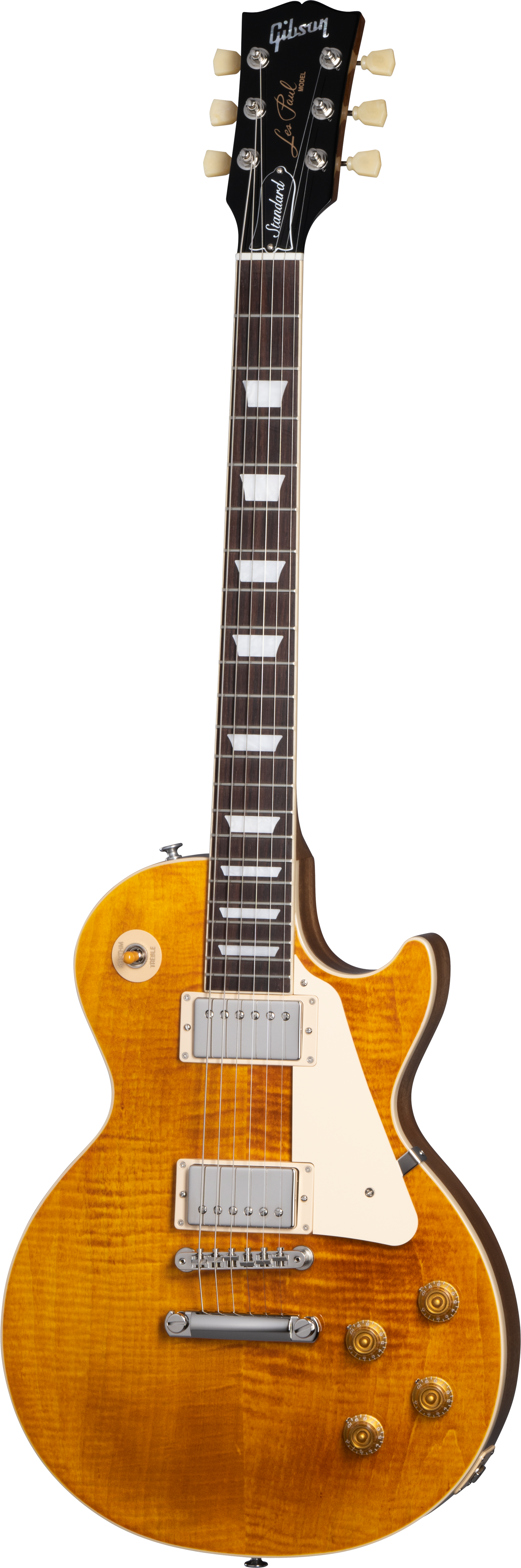 Full frontal of Gibson Les Paul Standard 50s Figured Top Honey Amber.